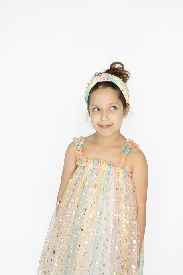 Girl's Rainbow Sparkly Tulle Metallic Star Twirl Dress
