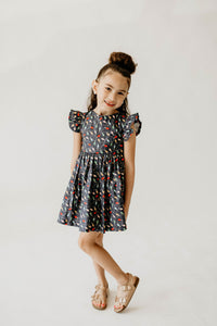 girls navy christmas light flutter sleeve holiday dress