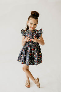 Girl’s Navy Christmas String Light Flutter Sleeve Dress