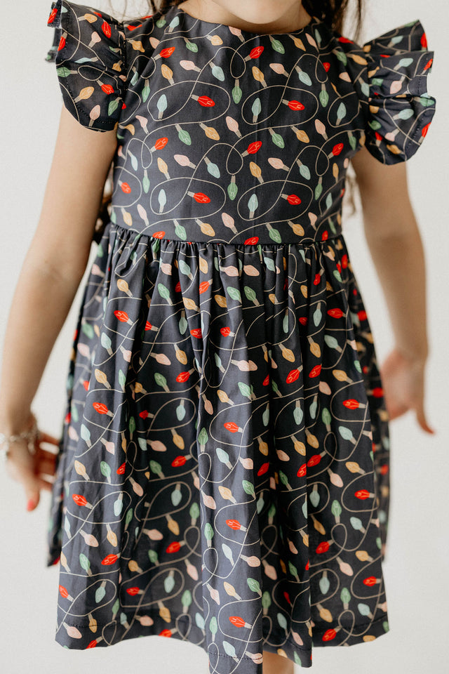 Girl’s Navy Christmas String Light Flutter Sleeve Dress