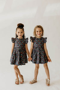 Girl’s Navy Christmas String Light Flutter Sleeve Dress