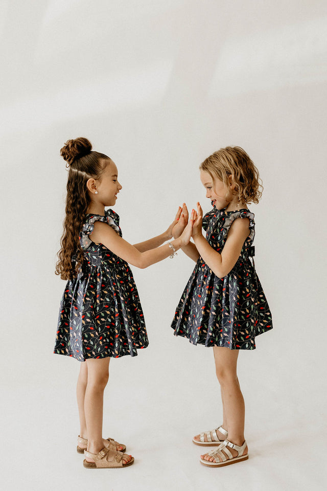 Girl’s Navy Christmas String Light Flutter Sleeve Dress