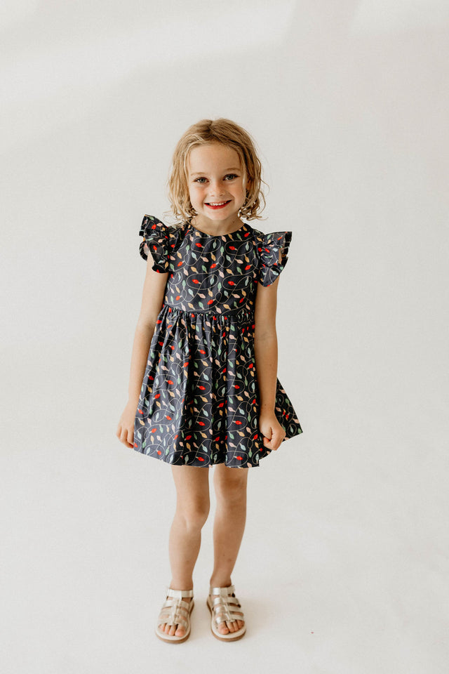 Girl’s Navy Christmas String Light Flutter Sleeve Dress