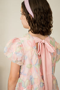 Girl's Pastel Floral Sequin Puff Sleeve Party Dress with Scoop Back and Bow