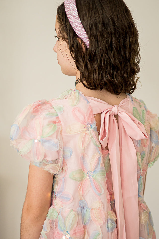 Girl's Pastel Floral Sequin Puff Sleeve Party Dress with Scoop Back and Bow