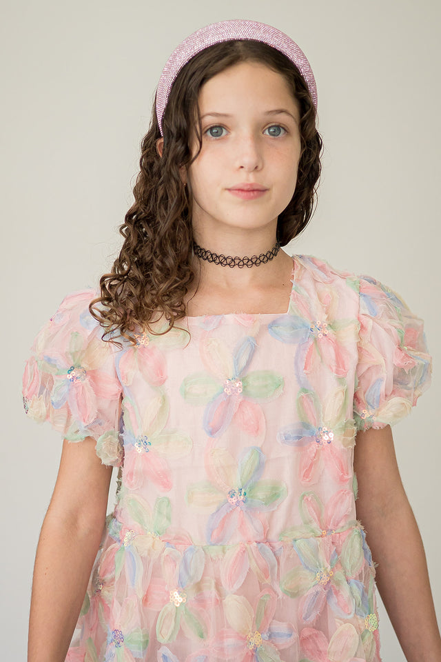 Girl's Pastel Floral Sequin Puff Sleeve Party Dress with Scoop Back and Bow