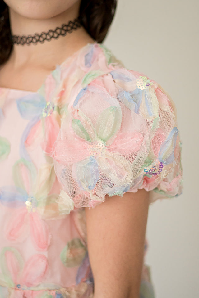 Girl's Pastel Floral Sequin Puff Sleeve Party Dress with Scoop Back and Bow