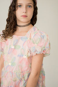 Girl's Pastel Floral Sequin Puff Sleeve Party Dress with Scoop Back and Bow