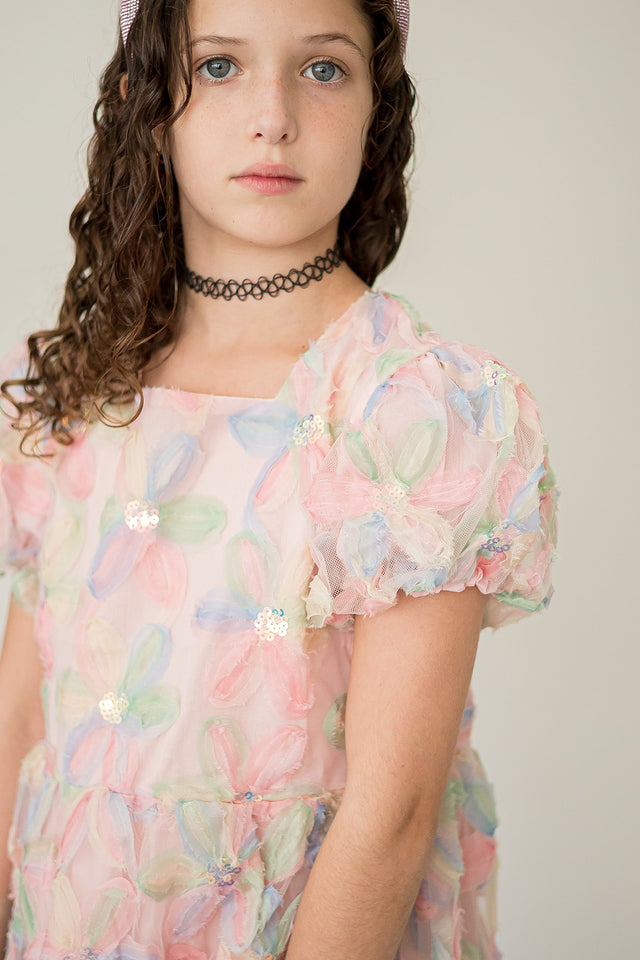 Girl's Pastel Floral Sequin Puff Sleeve Party Dress with Scoop Back and Bow