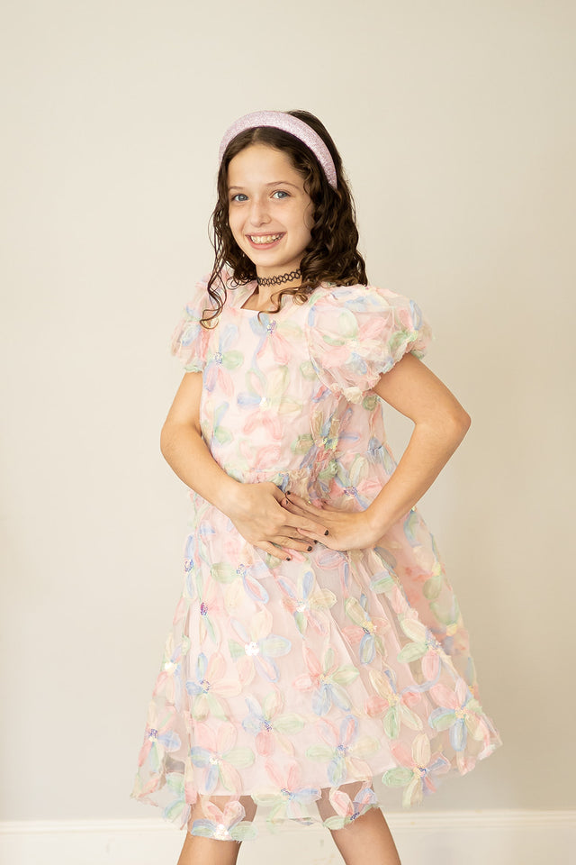 Girl's Pastel Floral Sequin Puff Sleeve Party Dress with Scoop Back and Bow