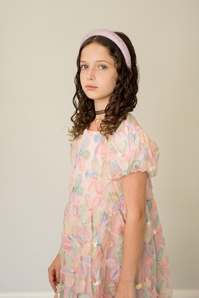 Girl's Pastel Floral Sequin Puff Sleeve Party Dress with Scoop Back and Bow