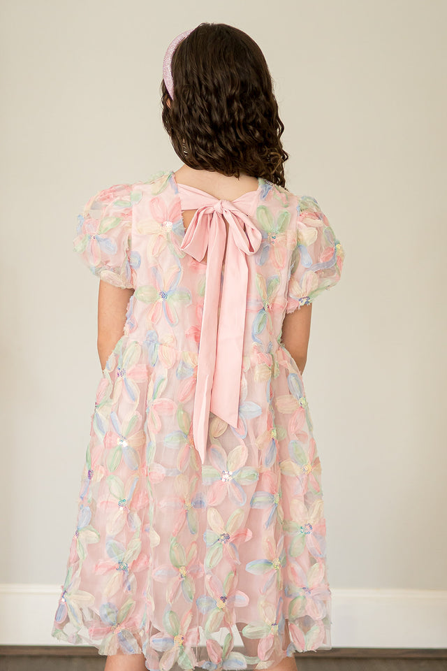 Girl's Pastel Floral Sequin Puff Sleeve Party Dress with Scoop Back and Bow