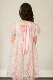 Girl's Pastel Floral Sequin Puff Sleeve Party Dress with Scoop Back and Bow