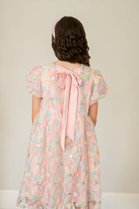 Girl's Pastel Floral Sequin Puff Sleeve Party Dress with Scoop Back and Bow