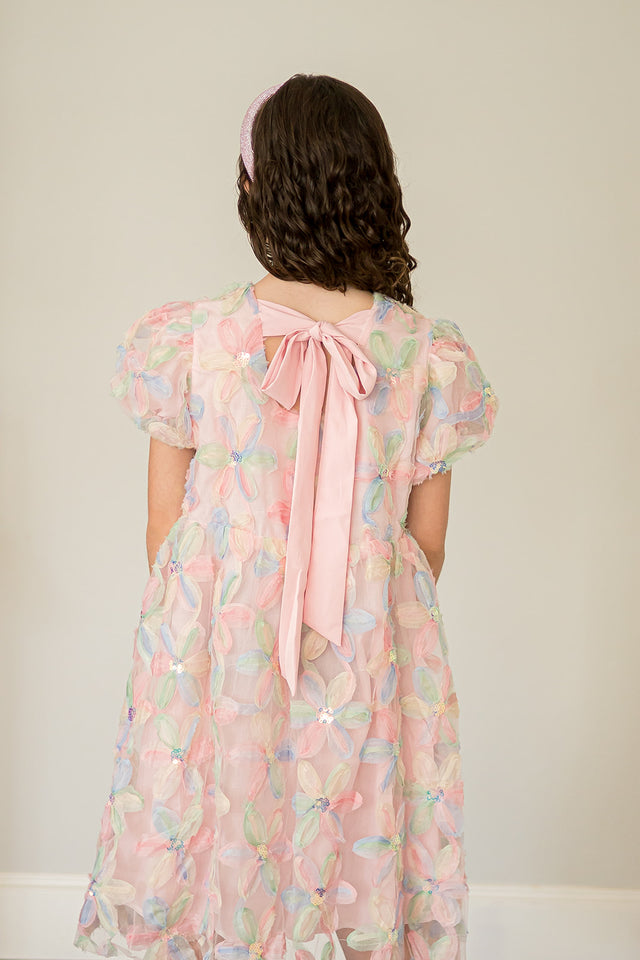 Girl's Pastel Floral Sequin Puff Sleeve Party Dress with Scoop Back and Bow