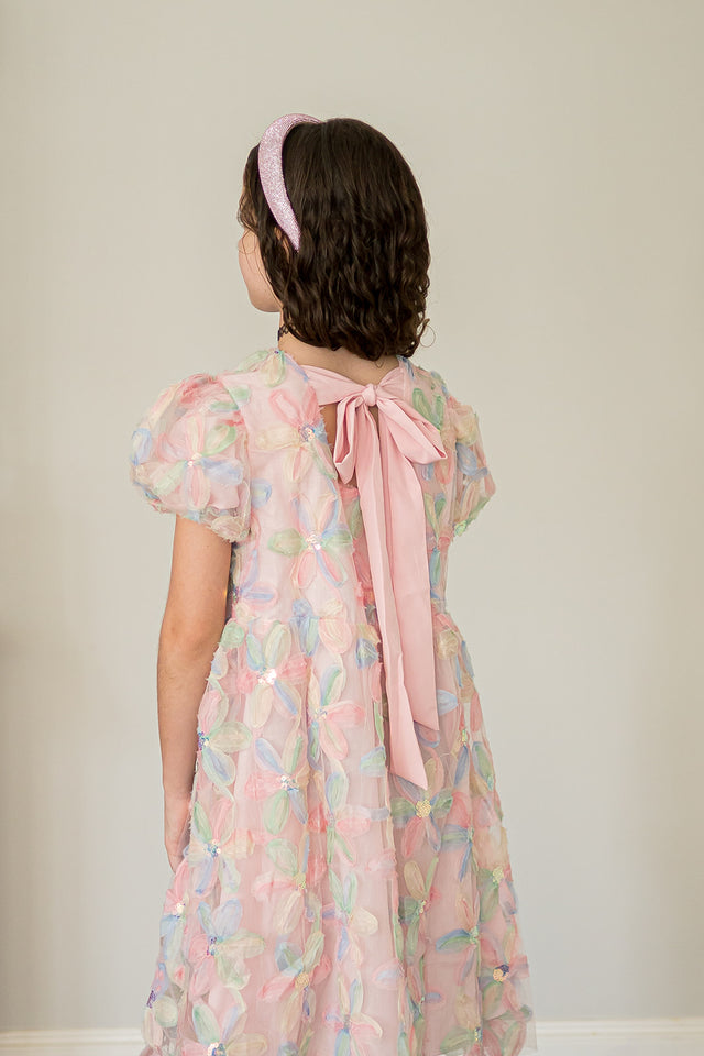 girls pastel floral party dress with bow