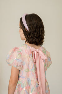 Girl's Pastel Floral Sequin Puff Sleeve Party Dress with Scoop Back and Bow