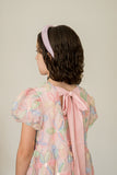 Girl's Pastel Floral Sequin Puff Sleeve Party Dress with Scoop Back and Bow