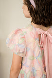 Girl's Pastel Floral Sequin Puff Sleeve Party Dress with Scoop Back and Bow