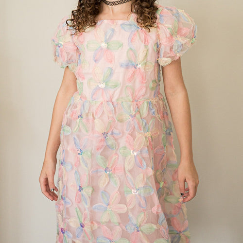 Girl's Pastel Floral Sequin Puff Sleeve Party Dress with Scoop Back and Bow