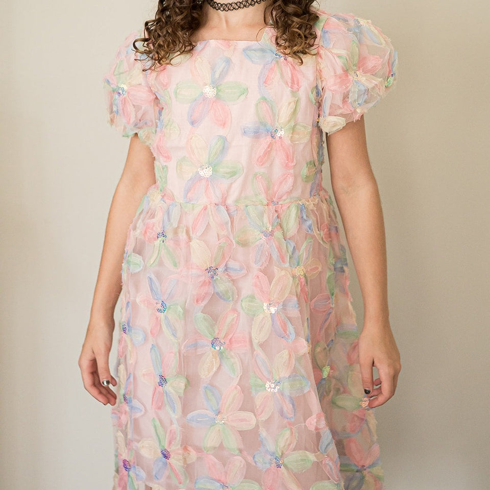 Girl's Pastel Floral Sequin Puff Sleeve Party Dress with Scoop Back and Bow