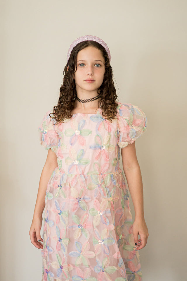 Girl's Pastel Floral Sequin Puff Sleeve Party Dress with Scoop Back and Bow