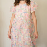 Girl's Pastel Floral Sequin Puff Sleeve Party Dress with Scoop Back and Bow