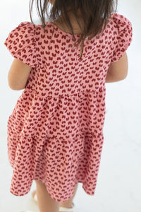 Girl's Pink and Dark Red Hearts Cotton Puff Sleeve Dress