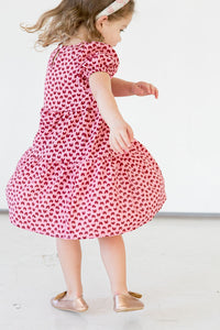 Girl's Pink and Dark Red Hearts Cotton Puff Sleeve Dress