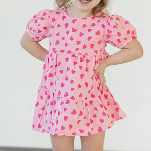 Girl's Pink and Bright Pink Hearts Cotton Puff Sleeve Dress