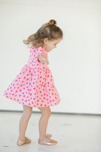 Girl's Pink and Bright Pink Hearts Cotton Puff Sleeve Dress
