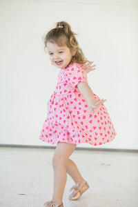Girl's Pink and Bright Pink Hearts Cotton Puff Sleeve Dress