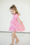 Girl's Pink and Bright Pink Hearts Cotton Puff Sleeve Dress
