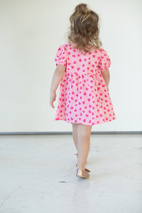 Girl's Pink and Bright Pink Hearts Cotton Puff Sleeve Dress