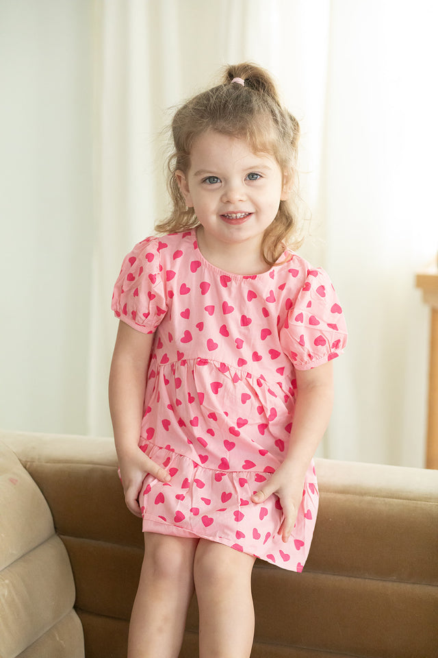 Girl's Pink and Bright Pink Hearts Cotton Puff Sleeve Dress