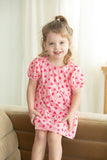 Girl's Pink and Bright Pink Hearts Cotton Puff Sleeve Dress