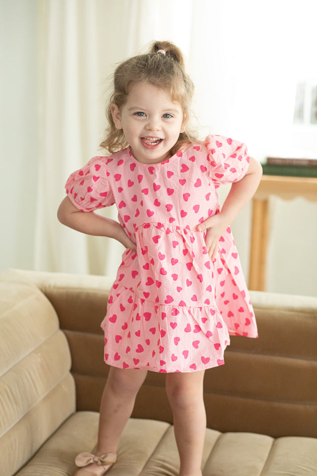 Girl's Pink and Bright Pink Hearts Cotton Puff Sleeve Dress