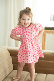 Girl's Pink and Bright Pink Hearts Cotton Puff Sleeve Dress