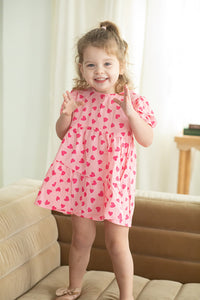 Girl's Pink and Bright Pink Hearts Cotton Puff Sleeve Dress