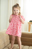 Girl's Pink and Bright Pink Hearts Cotton Puff Sleeve Dress