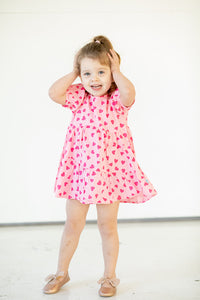 Girl's Pink and Bright Pink Hearts Cotton Puff Sleeve Dress