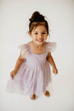 Girl’s Purple and Gold Polka Dot Tulle Flutter Sleeve Twirl Dress