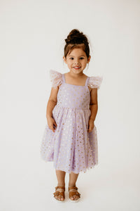 Girl’s Purple and Gold Polka Dot Tulle Flutter Sleeve Twirl Dress