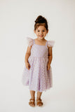 Girl’s Purple and Gold Polka Dot Tulle Flutter Sleeve Twirl Dress