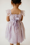 Girl’s Purple and Gold Polka Dot Tulle Flutter Sleeve Twirl Dress