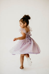 Girl’s Purple and Gold Polka Dot Tulle Flutter Sleeve Twirl Dress