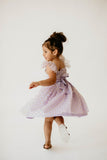 Girl’s Purple and Gold Polka Dot Tulle Flutter Sleeve Twirl Dress