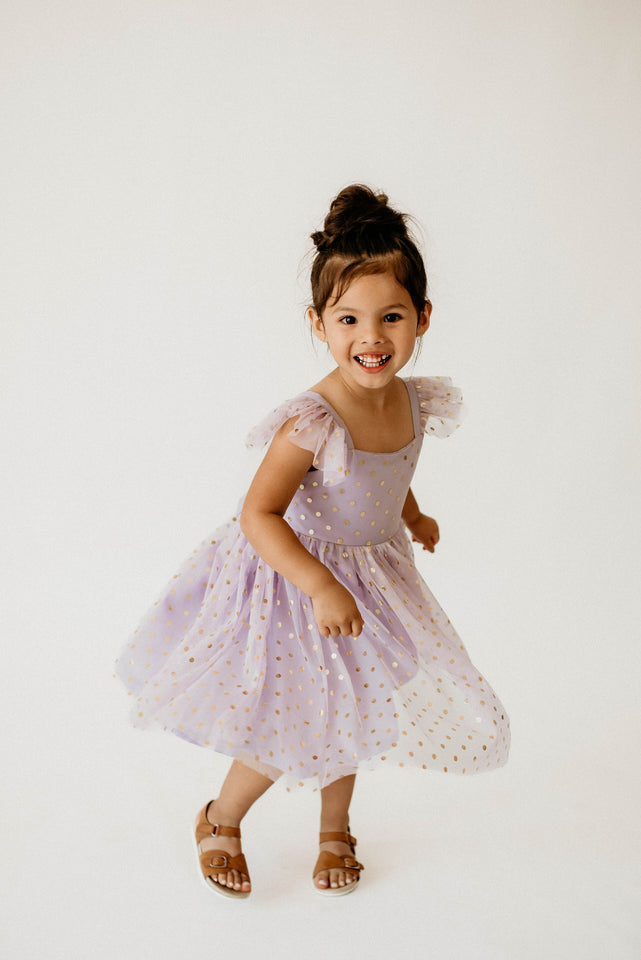Girl’s Purple and Gold Polka Dot Tulle Flutter Sleeve Twirl Dress