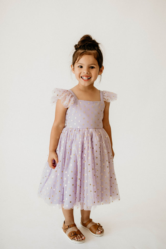 Girl’s Purple and Gold Polka Dot Tulle Flutter Sleeve Twirl Dress