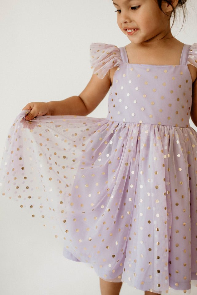 Girl’s Purple and Gold Polka Dot Tulle Flutter Sleeve Twirl Dress